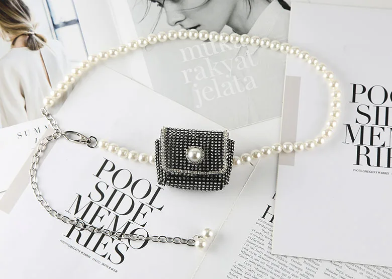 Wholesale decorative ladies women rhinestone waist bag pearl chain belt