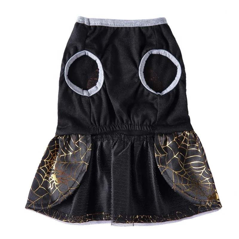 Modern XL Polyester Dog Party Dress with Golden Spider Web Print for Halloween Pumpkin Head for Spring and Summer Season