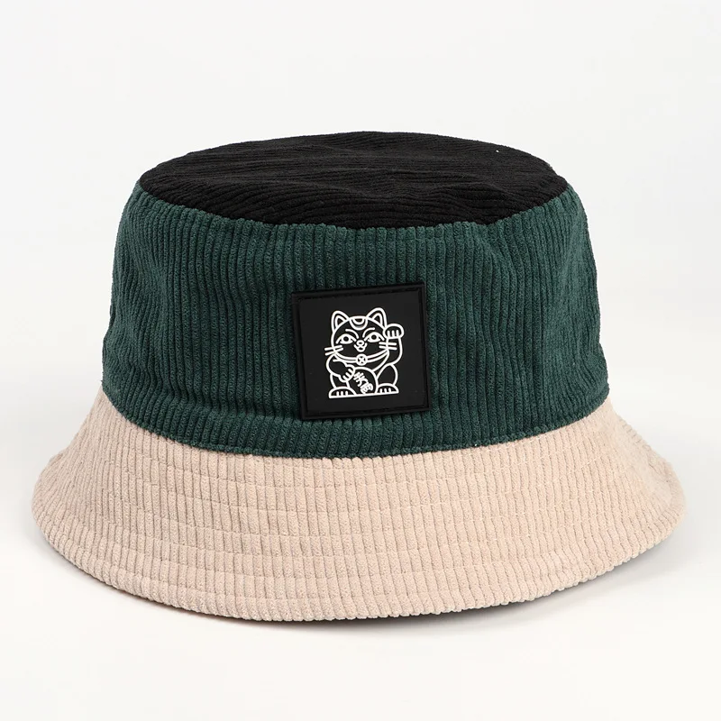 wholesale high quality corduroy bucket cap two tone bucket hat with rubber patch