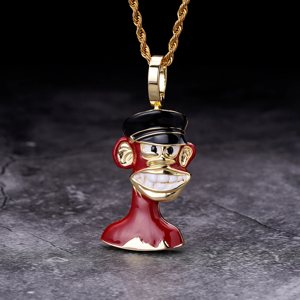 Creative Design Red Black White Zircon Enamel Smile Monkey Animal Different Style Trend Hallow Cage NFT Silver Pendant for men