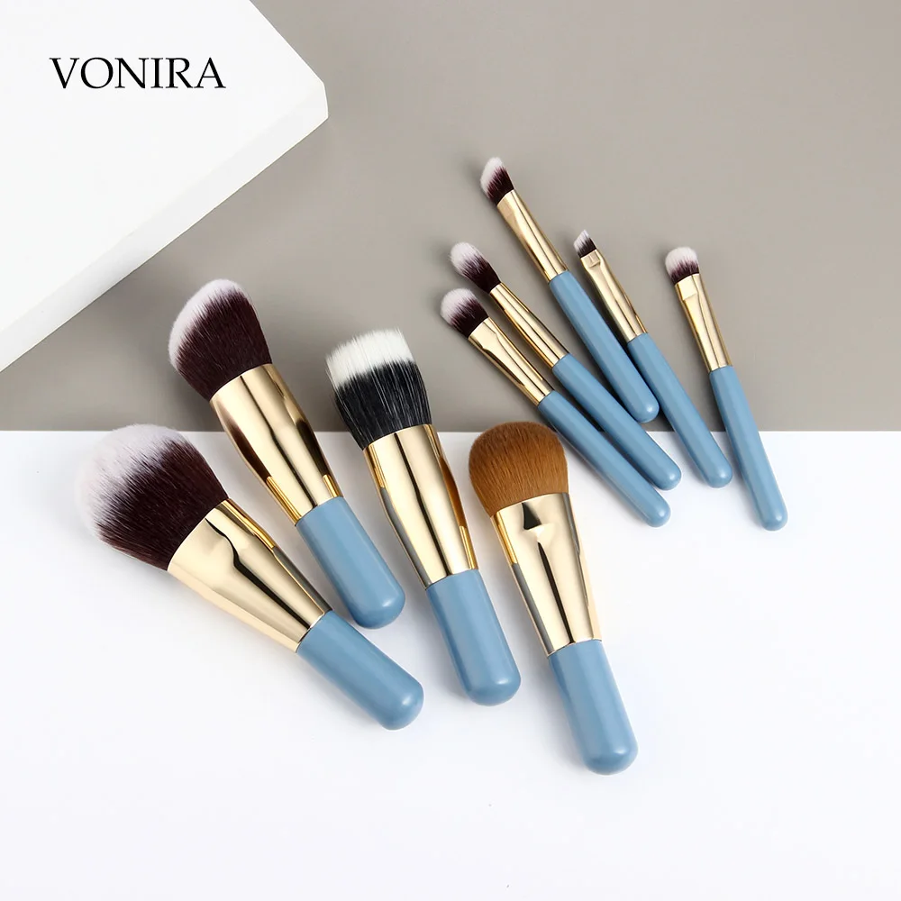 Vonira Beauty Professional Matte Blue Handle Golden Ferrule Makeup Brushes Set 9PCS Synthetic Short Cosmetic Brushes Gift Kit