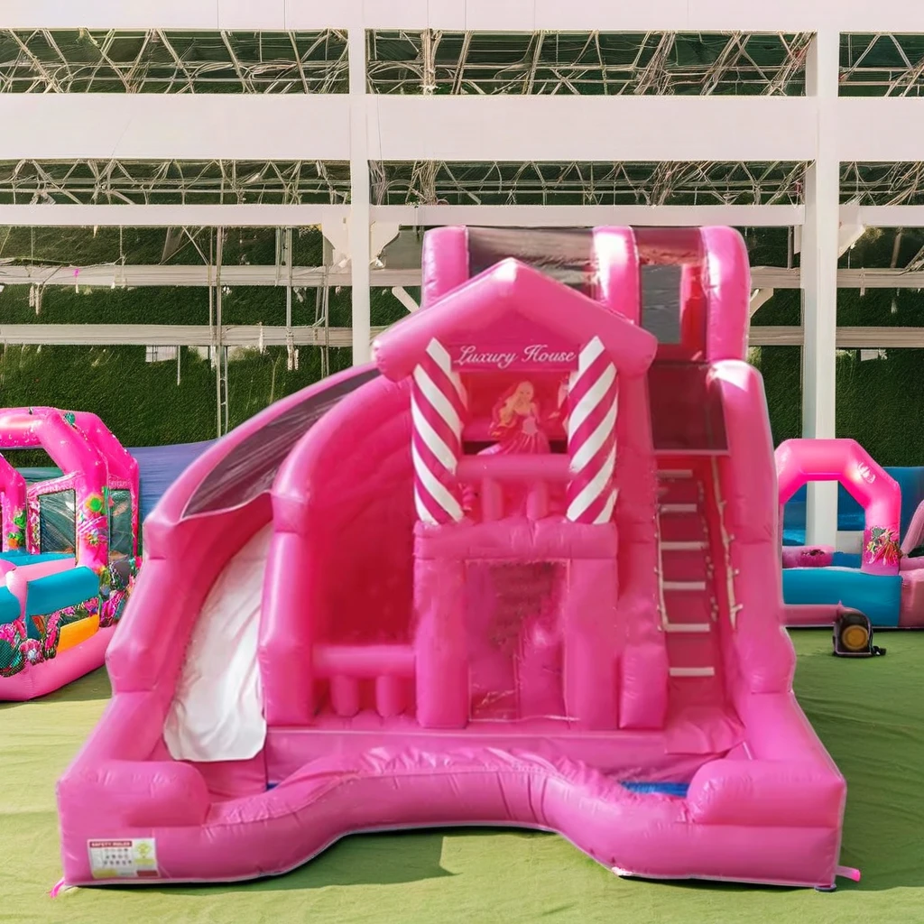 Commercial Bouncy Castle With Slide Combo Pink Hippo Inflatable Water Slide Bounce House for Sale