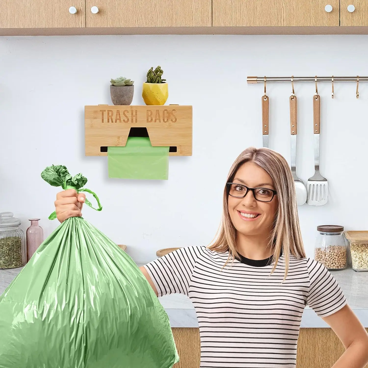 Wholesale Bamboo Trash Bag Dispenser For Plastic Bags,Garbage Trash Bag Dispenser Roll Holder Under Sink or Countertop Organizer