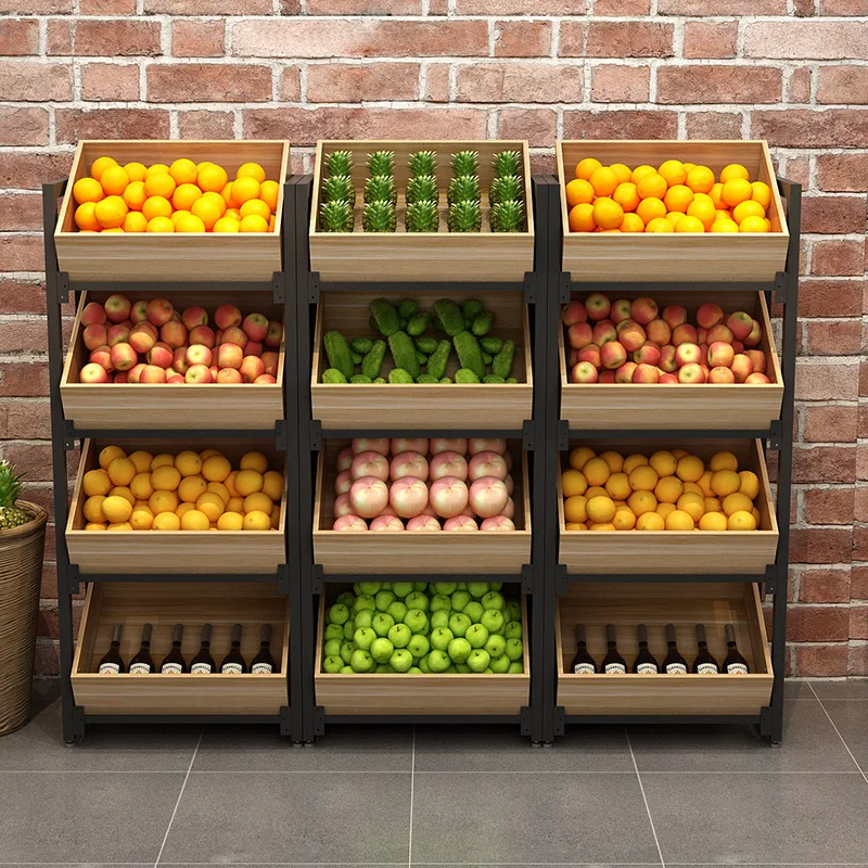 Shelves Supermarket Store Fruits and Vegetable Display Super Market Wooden Fruit Vegetable Display Rack Case Duty Wood Heavy