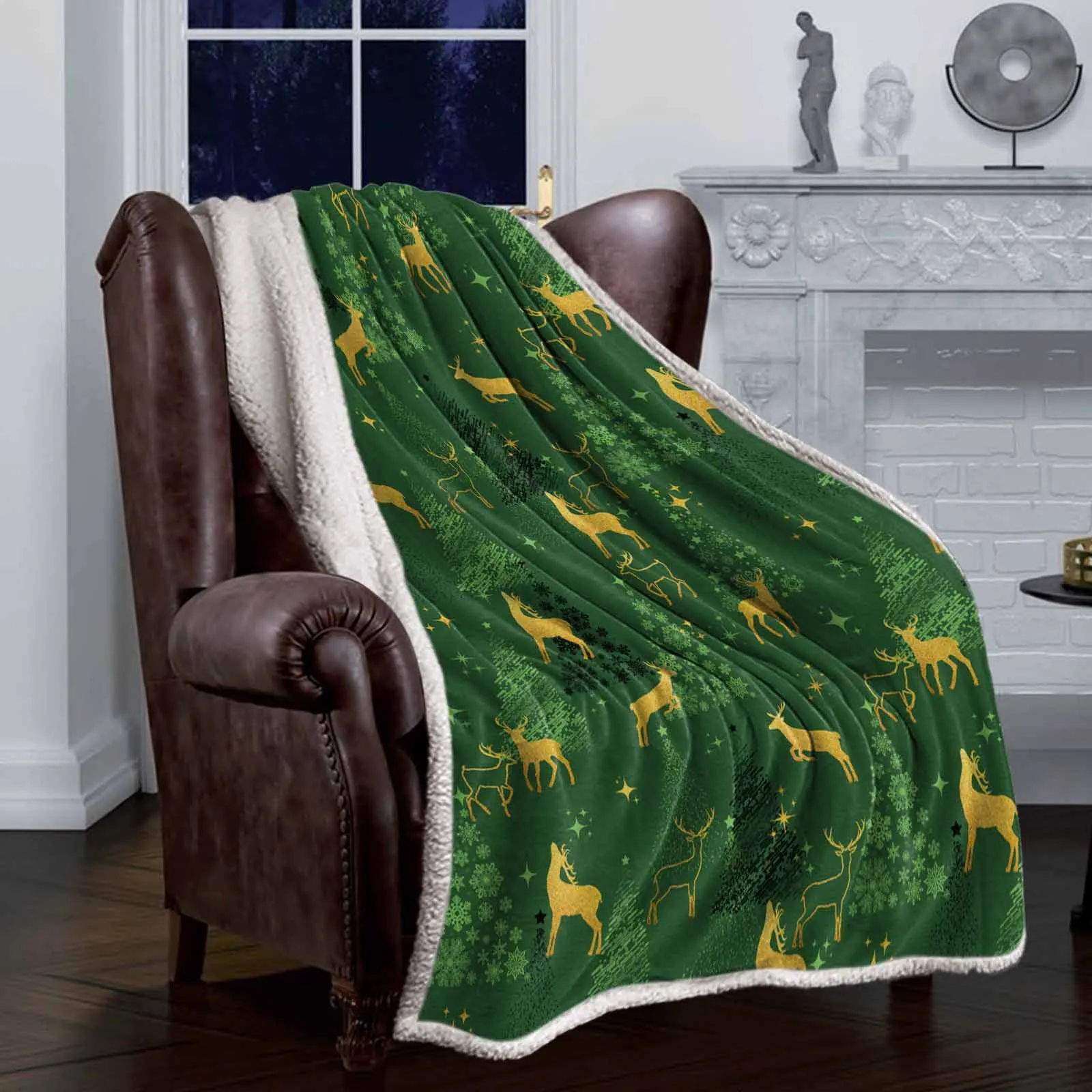 New Year Gift Christmas Elk Deer Design Soft Warm Fleece Blanket Double Layer King Size Flannel Sherpa Blanket For Bed