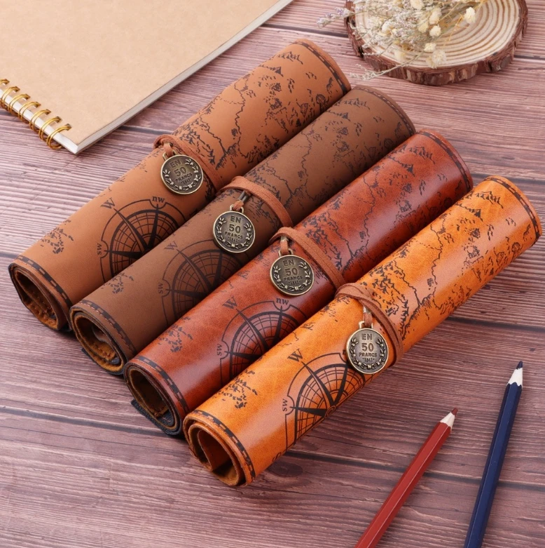 Creative Treasure Map Retro Canvas Leather Large Capacity Pencil Bag with Rollup Design Stationery Storage Bag