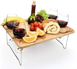 Wine Picnic Table Snack & Cheese Tray with 4 Wine Glasses Holder Portable Bamboo Large Folding for Outdoor Square Midcentury