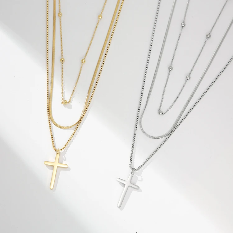 18K Gold Plated Religious 3 Layers Jesus Cross Necklace Christian Double Crucifix Cross Pendent Necklace set halskette edelstahl