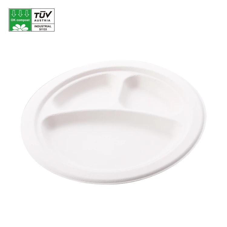 Divided Compostable bagasse sugarcane tray 3 compartment bagasse plates
