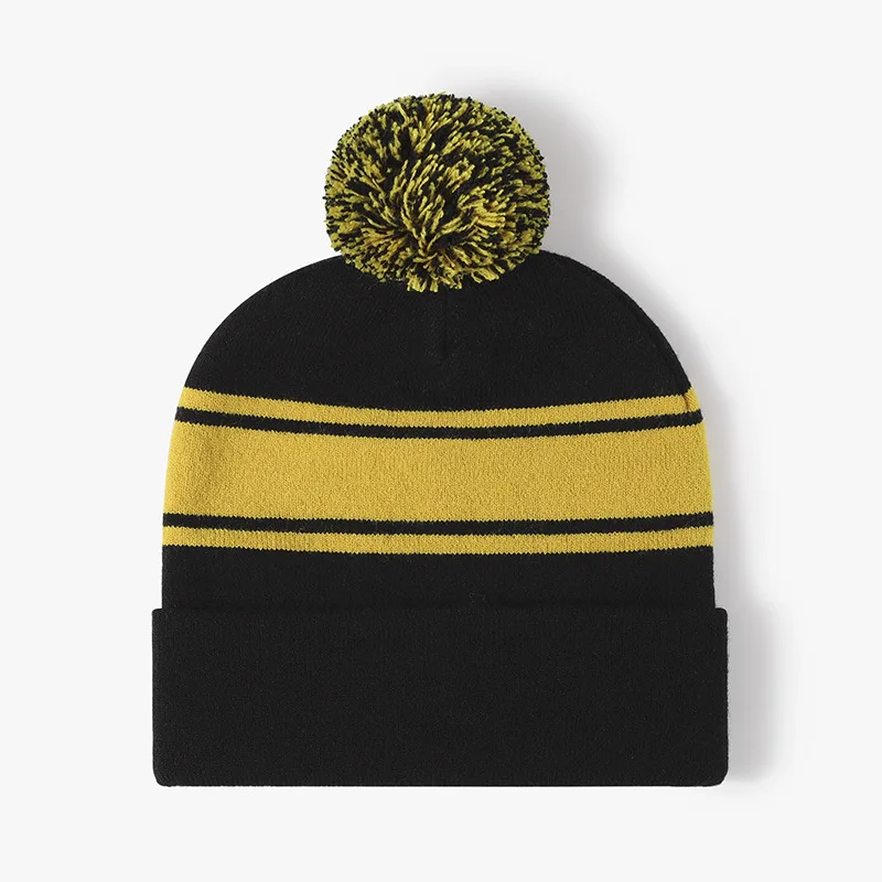 Ready to ship team sport acrylic cuff striped pom pom beanies with custom logo