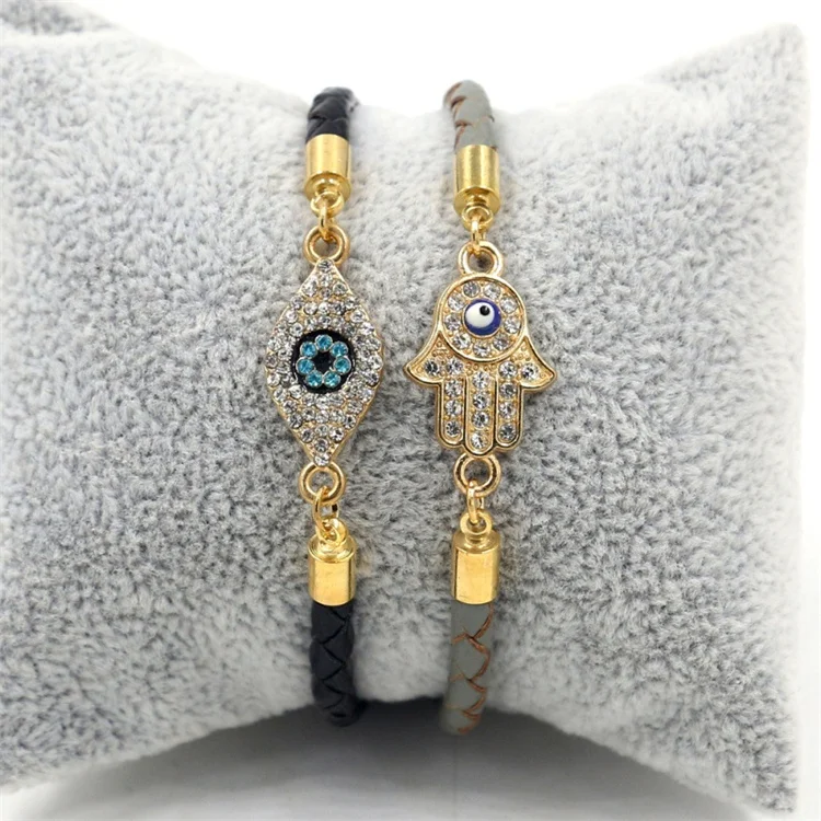 2021 Newest Jewelry Micro Pave Evils Eyes Palm Charm Adjustable Bracelets Braided Leather Couple Bracelet