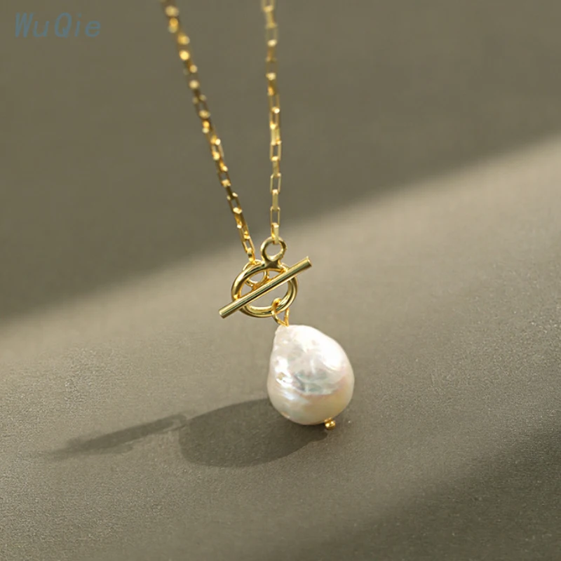 Wuqie 925 Sterling Silver Gold Plated Clasp Pearl Necklace Baroque Natural Freshwater Pearl Choker for Women