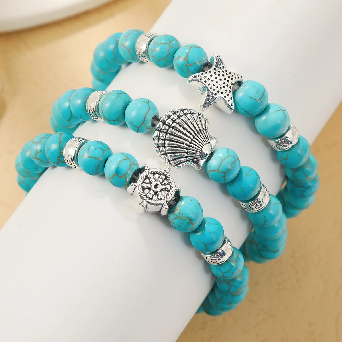European American Retro Turquoise Bracelet Set Cross-Border Fashion Beaded Bracelets with Natural Stone Turquoise Color