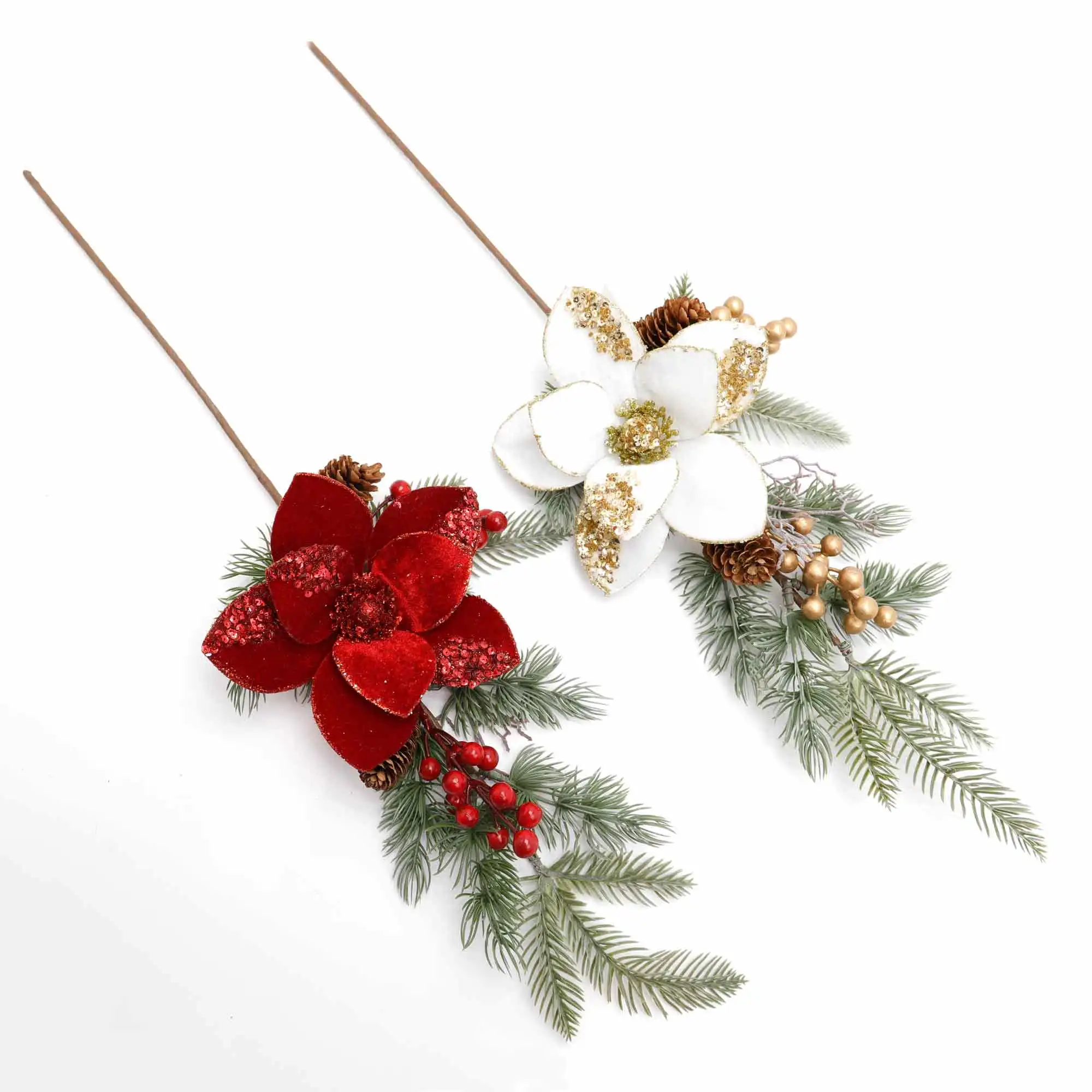 Pine cone Branch With Red Berry Picks with flowers For Christmas Home Decor
