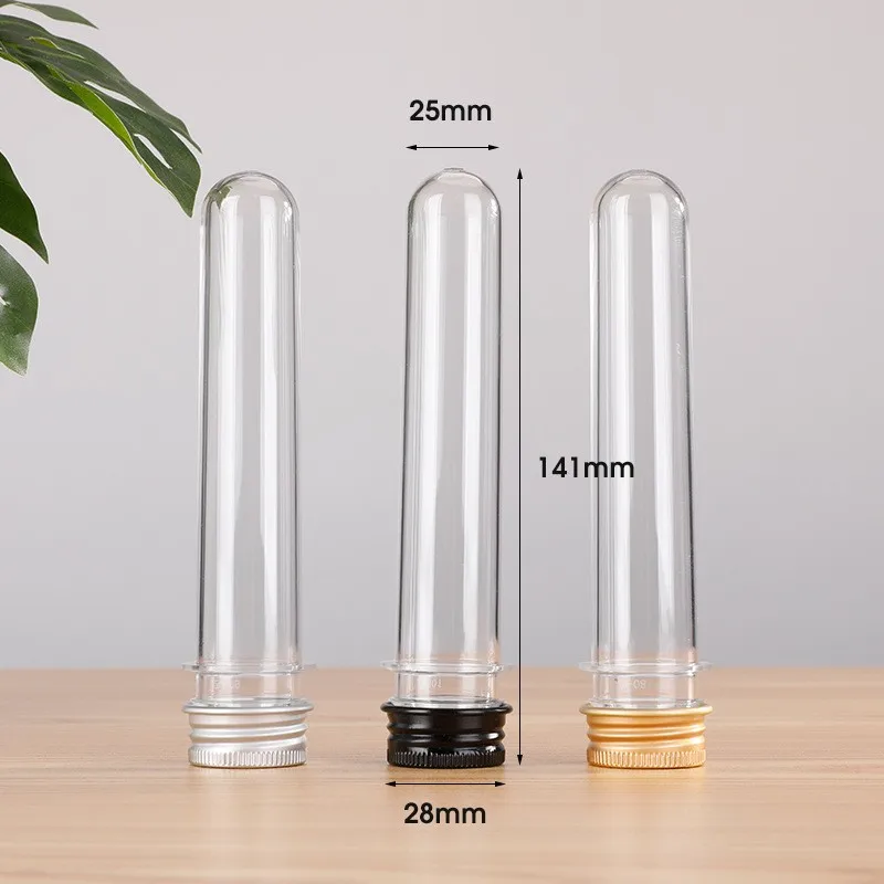 empty food grade 40ml  round shape plastic PET clear packaging tubes metal aluminium screw lids test tubes