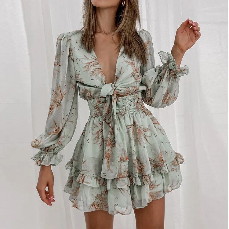 Wholesale women clothing long sleeves floral print dress fashion V neck lace up ruffle casual dresses