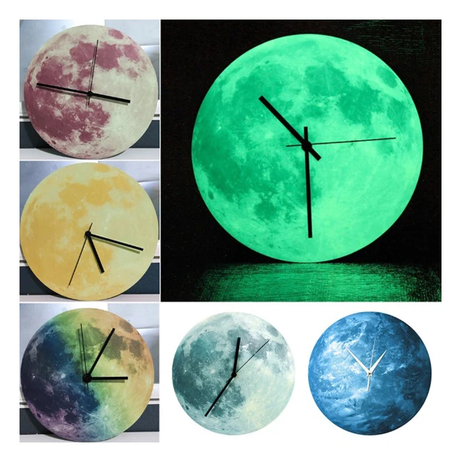 
30cm 8 Styles Luminous Moon Mute Sweep Glow planets In The Dark Wall Hanging Clock For Kids Room 