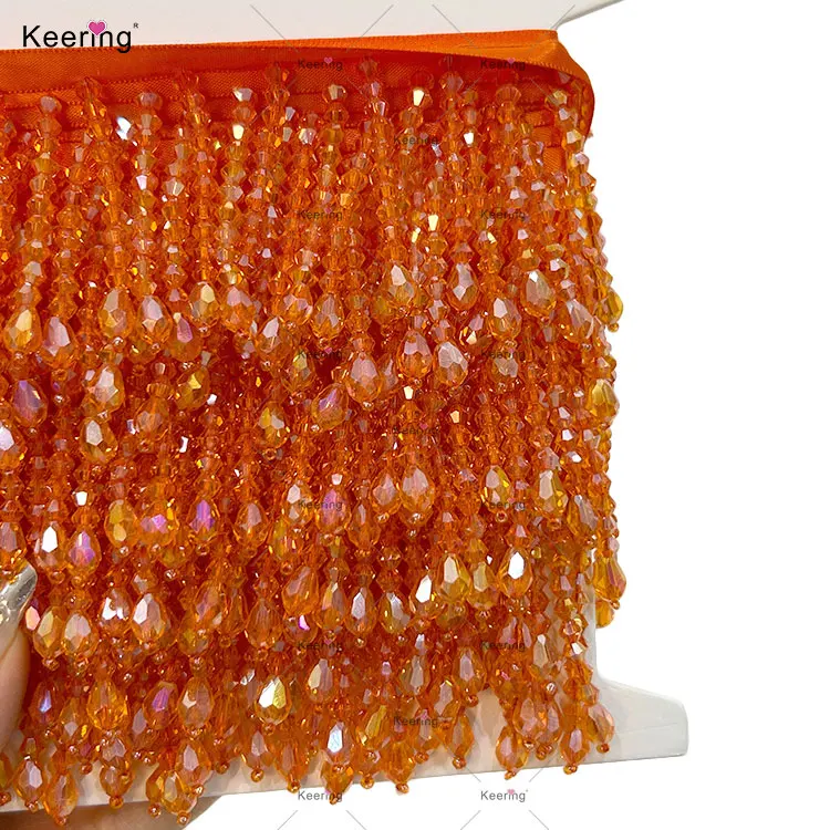 Keering Wholesale Fancy Beaded Fringes Bling Bling Handmade Sewing Orange Satin Trimming Tassel For Evening Dresses