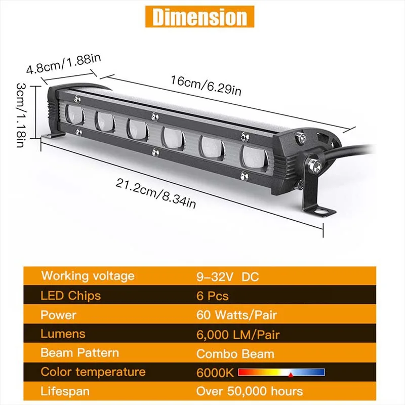 8inch Work Light 60W Led Light Bar 6leds IP68 Waterproof 12V 24V Auto Driving Light Car Led Fog Lamp