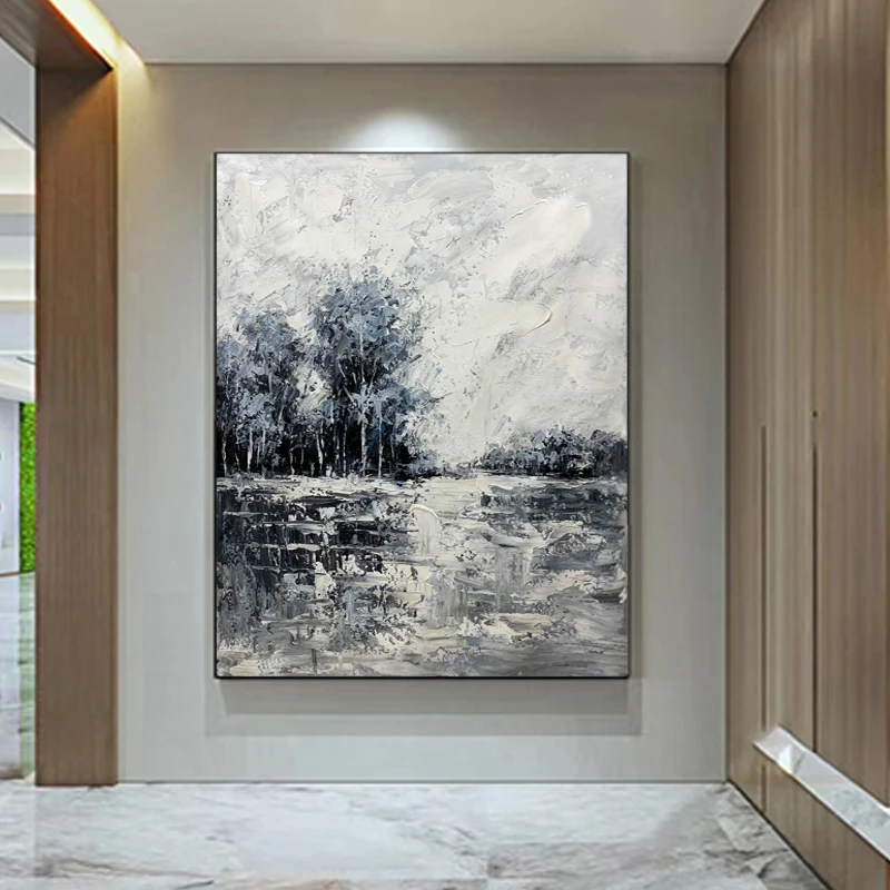 100% Handpainted High Quality Black and White Modern Landscape Canvas Painting for Home Decoration
