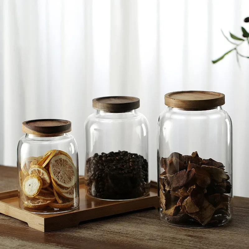 Wholesale High Capacity Custom Clear Glass Food Spice Candy Coffee Storage Jar Containers With Acacia Lid