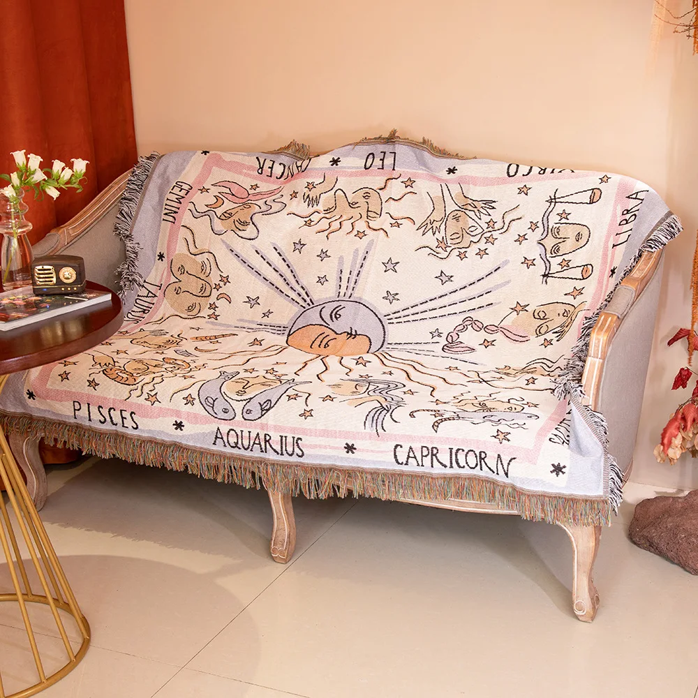 Twelve Constellations Custom Camping Blanket Polyester And Cotton Woven Tapestry With Fringe