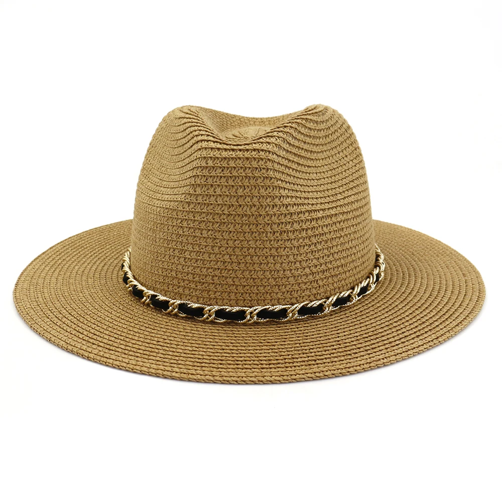Macaron Color Women Boater Beach Hat Chain Wide Side Female Panama Hats Lady Classic Flat Straw Sun Hat Women Fedora
