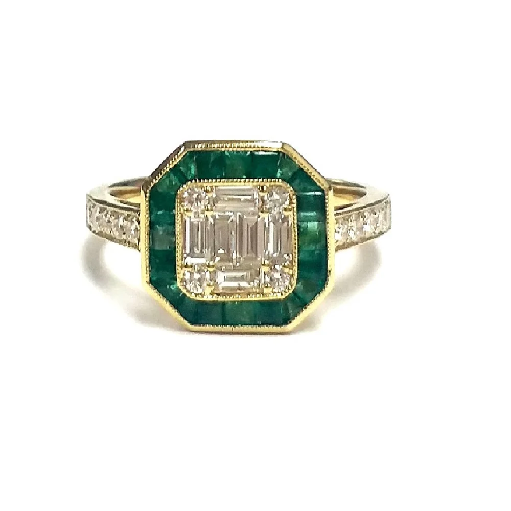 Antique Vintage Art Deco Square 18k Solid Yellow Gold Real Baguette Diamonds Cluster Princess Emerald Rings Cluster For Female