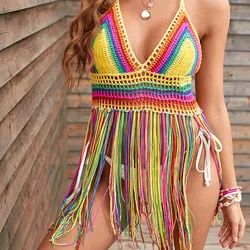 Summer Women Beach Blouse Colorful Mixed Color Tassel Stitched Hand Crochet Strap Bikini Top Swimwear Swimsuit