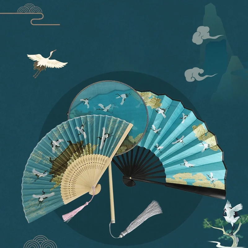 Wholesale Guochao Hanfu Chinese Antique Fan Ruihe National Style Medium Long Dance Folding Fan Bamboo Painted Fan