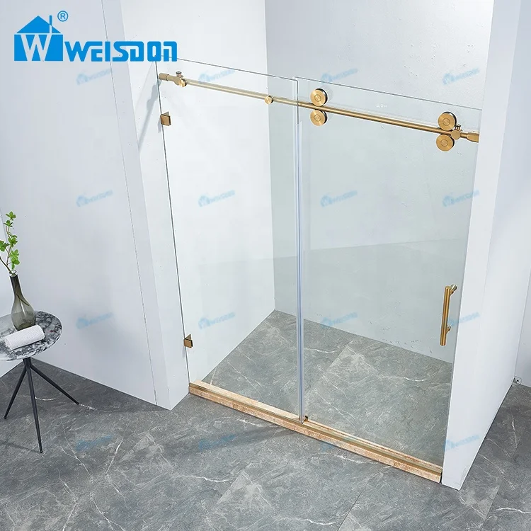 Weisdon New Design Stainless Steel Gold Shower Room Single Sliding Frameless Tempered Glass Shower Door