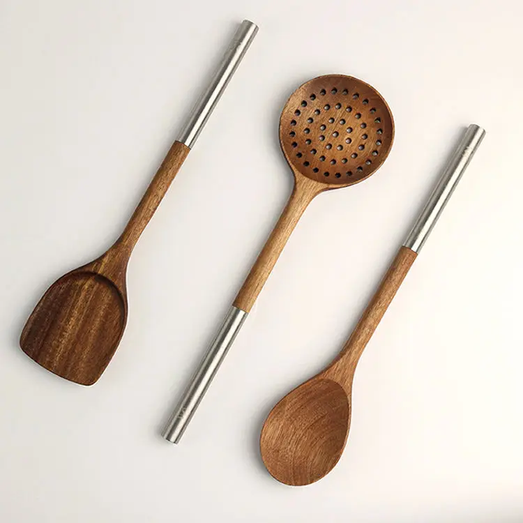 Wholesale Acacia Wooden ustensiles de cuisine,Stainless Steel handle cooking tools kitchen accessories