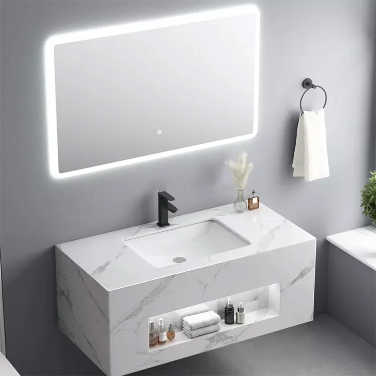 Artificial stone bathroom cabinet sanitary ware white marble slab vanity modern top double wall hung sink wash hand basin