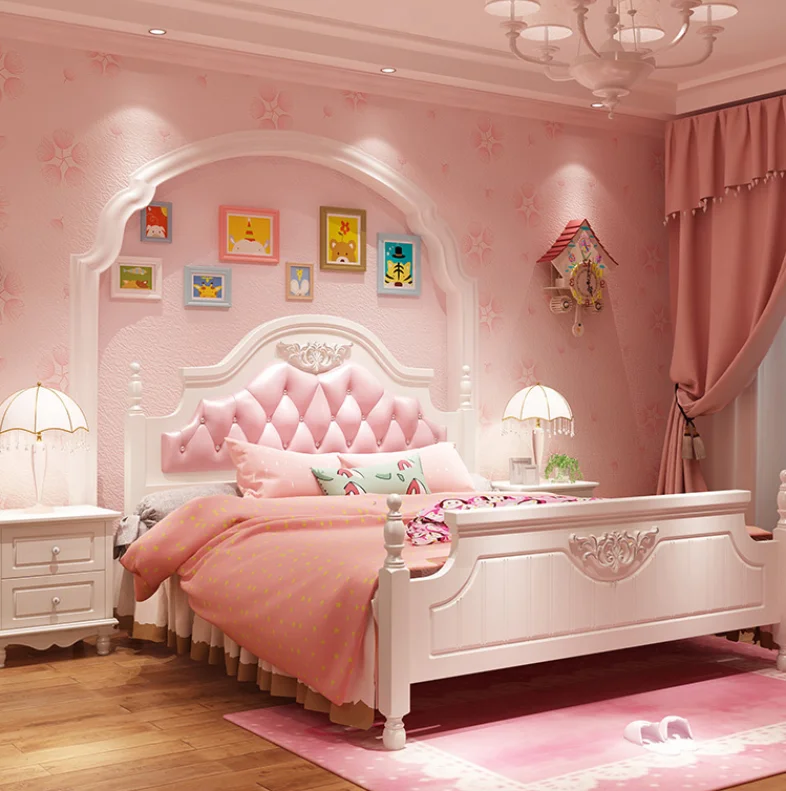1.2M Simple Single Bed Korean European Luxury Kid Bedroom Set Royal Princess Pink Girl Bed