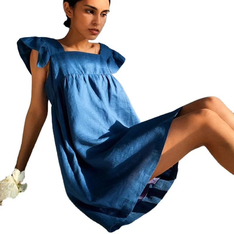 
Summer casual square collar dress butterfly sleeve sweet dress loose linen solid color dress 