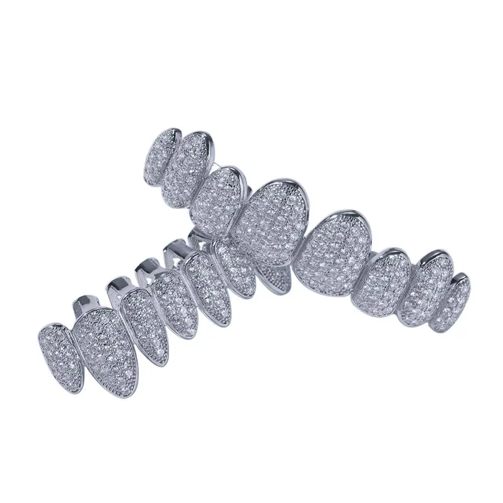 NEW Silver gold Plated Hip Hop Teeth Grillz All CZ Stones Micro Pave Vampire Fangs Grillz Teeth Grills Set With Extra Fixing Bar