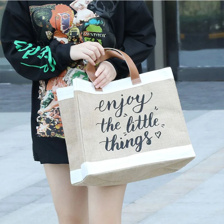 Eco friendly customised Reusable inner laminated womens linen cotton burlap beach tote bag natural jute bag tote