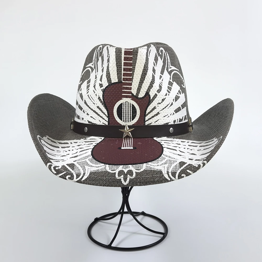 Stock Men Straw Cowboy Hat American Western Texas Straw Hat Shapable Brim Sombreros Guitar Painting Women Straw Cowgirl hat