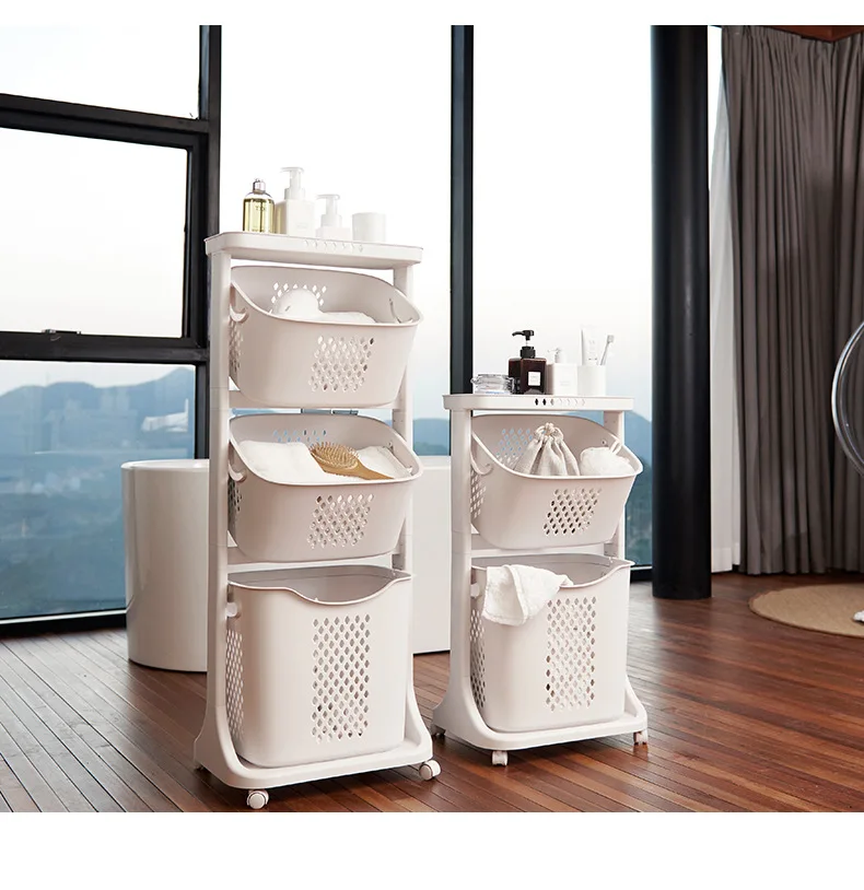 2022 hot sale customizable logo home bathroom PP 3 compartment laundry basket with wheels