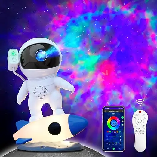 Astronaut Galaxy Star Projector with 9 Color Night Light Rocket,Bluetooth&15 White Noise&Timer Starry Nebula light for Bedroom