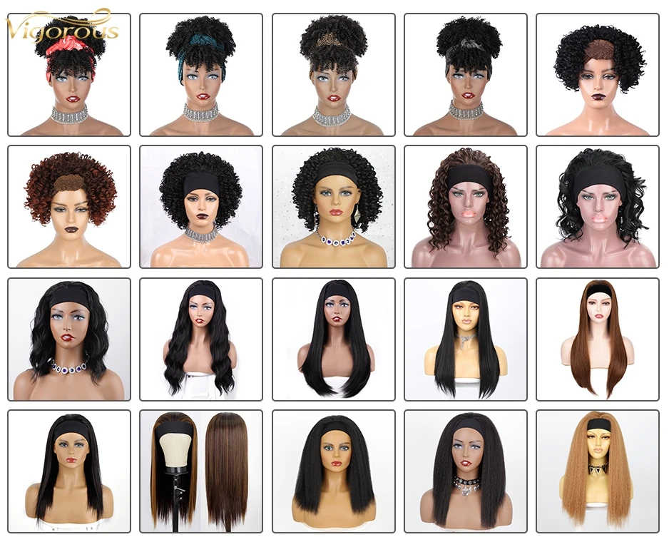  Wholesale 20 Inch Long Heat Resistant Synthetic Afro Headband Wigs For Black Women Bone Straight