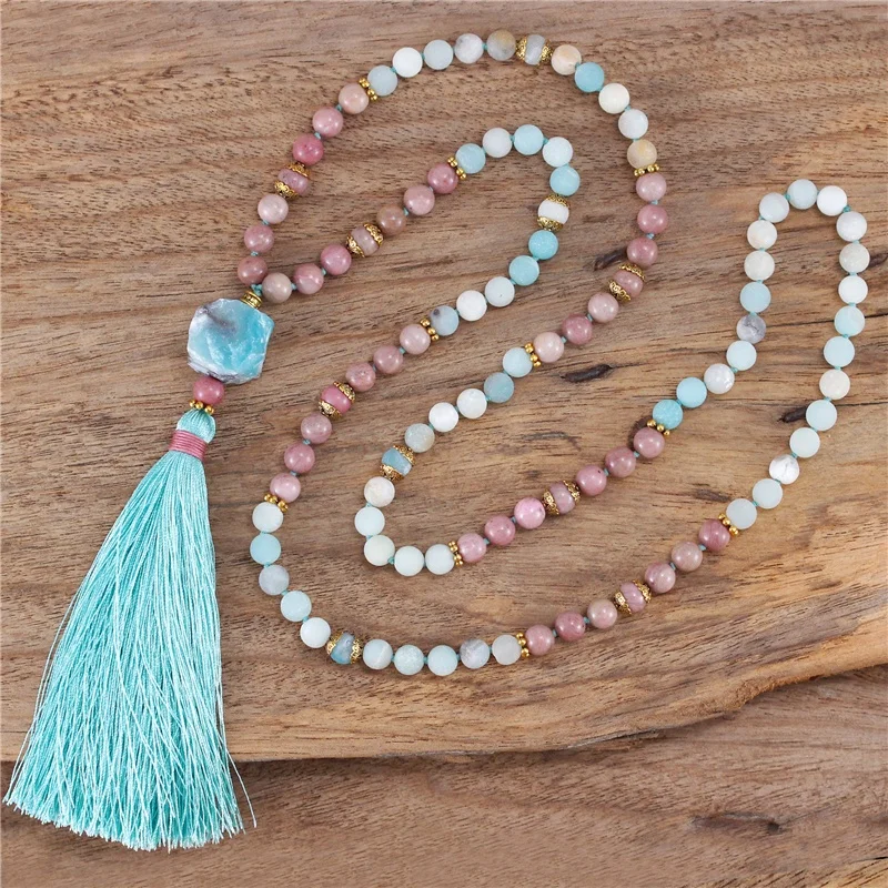 Stone Yoga 108 Mala Beads Necklace with Long Tassel Meditation Jewelry Wholesale Vintage Chic Amazonite Rhodonite Natural CN;ZHE