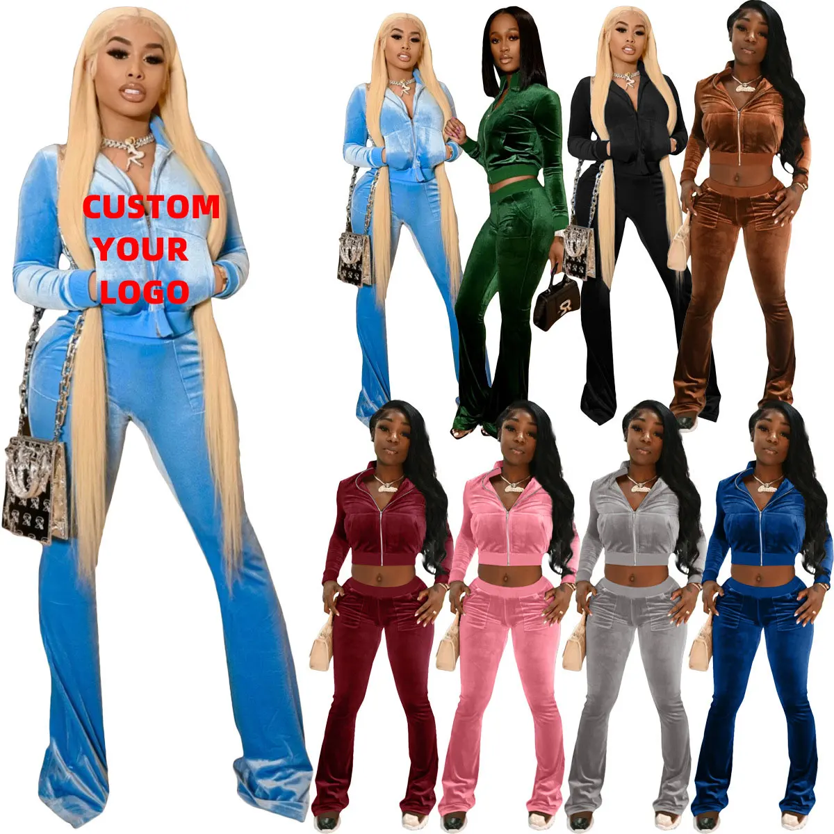 custom lounge wear Solid Velvet Tracksuit Activewear Zipper fly Long Sleeve Crop pants elastic fitness bodycon 2 piece set