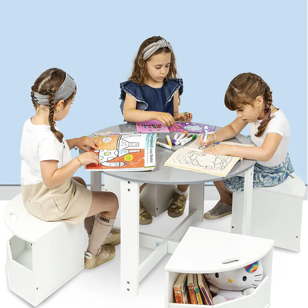 Table and Chair Set for Kids- Round Nesting Design with 4 Storage Stools