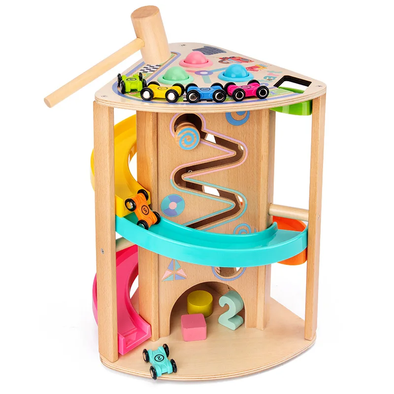 Wooden Ramp Racer Toys  Car Slider Racing Game with Hammering Pounding Number Puzzles Shape Sorter Zig Zag Visual Tracking Game