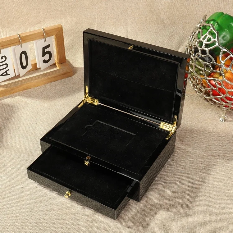 Hot Selling Wooden VIP Card Box Packing 2-Tier Luxury MDF Gift Card Box with Pull-out Drawer