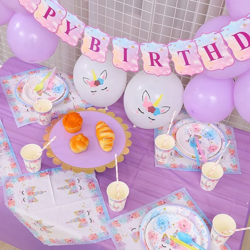 2019 Newest 16 Guests Unicorn Party Supplies  Pack Children Rainbow Birthday Party Supply Set With Bonus Happy Birthday Banner