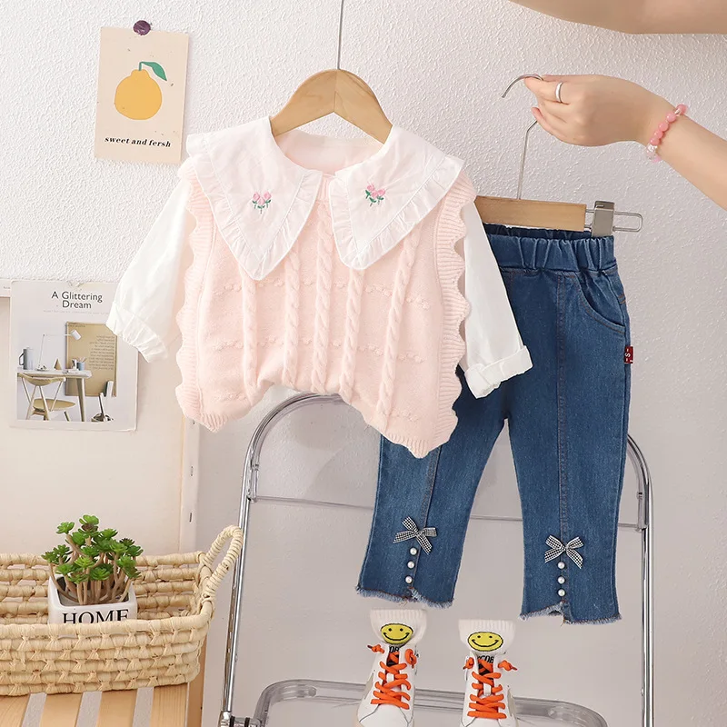 New arrival spring autumn toddler girls knitting sweater vest + floral collar shirt + jeans pants 3 pieces clothing set