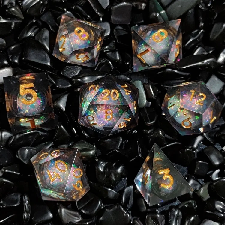 Premium Polyhedral Sharped Edge Quicksand Liquid Core Blue Fire Resin Dice for DND