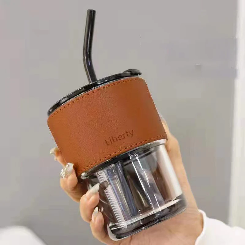 Coffee Cup Creative High Beauty Portable Bamboo Cup with Lid Glass Water Cup ins Wind Net Red 450ml Leather Cover